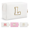Picture of Small Personalized Initial A-Z Preppy Patch Makeup Bag,White PU Chenille Letter Travel Cosmetic Pouch with Zipper,Cute Toiletry Bag,Gift Ideal for Teen Girls Women Teacher Bridesmaid,Letter L