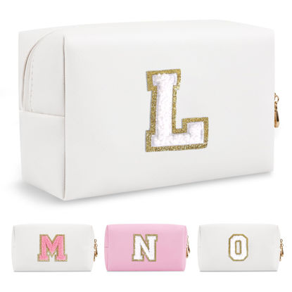 Picture of Small Personalized Initial A-Z Preppy Patch Makeup Bag,White PU Chenille Letter Travel Cosmetic Pouch with Zipper,Cute Toiletry Bag,Gift Ideal for Teen Girls Women Teacher Bridesmaid,Letter L