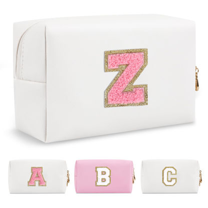Picture of Personalized Makeup Bag Initial A-Z Preppy Patch Bag,Small PU Leather Travel Cosmetic Bag Pouch with Zipper,White Cute Toiletry Bag,Gift Ideal for Teen Girls Women Birthday Friend Mom,Letter Z
