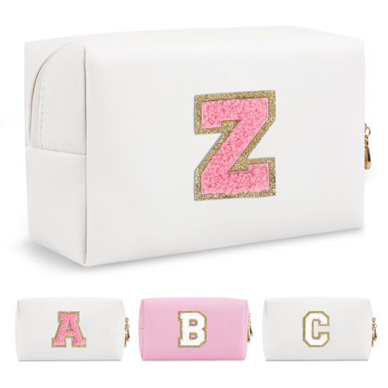 Picture of Personalized Makeup Bag Initial A-Z Preppy Patch Bag,Small PU Leather Travel Cosmetic Bag Pouch with Zipper,White Cute Toiletry Bag,Gift Ideal for Teen Girls Women Birthday Friend Mom,Letter Z