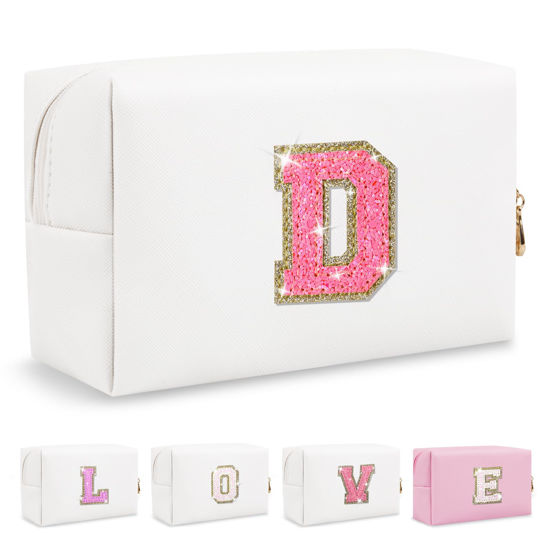 Picture of Small Personalized Initial A-Z Patch Makeup Bag,White Cute PU Leather Glitter Letter Cosmetic Bag for Teen Girls,Travel Toiletry Bag with Zipper,Preppy Monogrammed Birthday Gift for Daughter Niece D