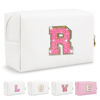Picture of Small Personalized Initial A-Z Patch Makeup Bag,White Cute PU Leather Glitter Letter Cosmetic Bag for Teen Girls,Travel Toiletry Bag with Zipper,Preppy Monogrammed Birthday Gift for Daughter Niece R