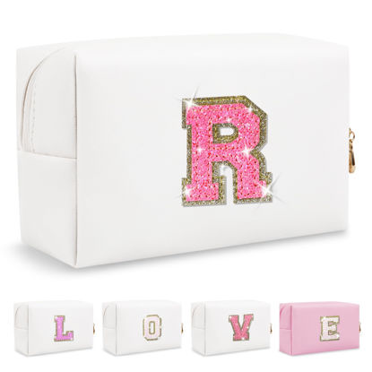 Picture of Small Personalized Initial A-Z Patch Makeup Bag,White Cute PU Leather Glitter Letter Cosmetic Bag for Teen Girls,Travel Toiletry Bag with Zipper,Preppy Monogrammed Birthday Gift for Daughter Niece R