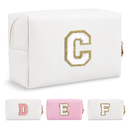 Picture of Small Personalized Initial A-Z Preppy Patch Makeup Bag,White PU Chenille Letter Travel Cosmetic Pouch with Zipper,Cute Toiletry Bag,Gift Ideal for Teen Girls Women Teacher Bridesmaid,Letter C