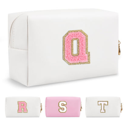 Picture of Personalized Makeup Bag Initial A-Z Preppy Patch Bag,Small PU Leather Travel Cosmetic Bag Pouch with Zipper,White Cute Toiletry Bag,Gift Ideal for Teen Girls Women Birthday Friend Mom,Letter Q