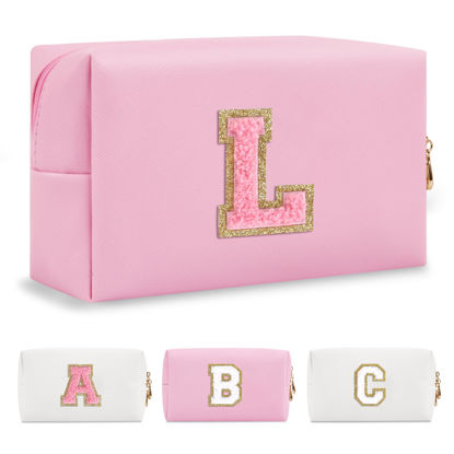 Picture of Personalized Initial A-Z Preppy Patch Makeup Bag,Small PU Leather Chenille Letter Cosmetic Bag with Zipper for Teen Girls,Pink Cute Travel Toiletry Bag,Birthday Monogrammed Gift for Daughter,Letter L