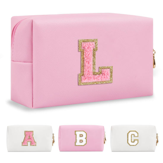 Picture of Personalized Initial A-Z Preppy Patch Makeup Bag,Small PU Leather Chenille Letter Cosmetic Bag with Zipper for Teen Girls,Pink Cute Travel Toiletry Bag,Birthday Monogrammed Gift for Daughter,Letter L
