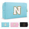 Picture of Small Personalized Initial A-Z Preppy Patch Makeup Bag,PU Chenille Letter Travel Cosmetic Pouch with Zipper,Blue Cute Toiletry Bag,Gift Ideal for Teen Girls Women Teacher Bridesmaid,Letter N