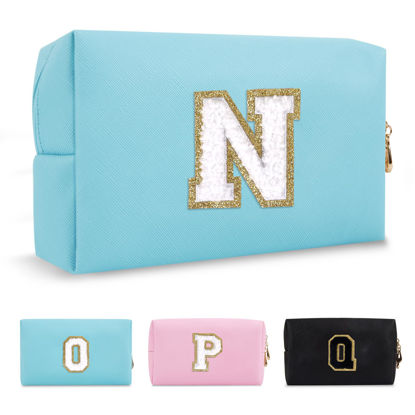 Picture of Small Personalized Initial A-Z Preppy Patch Makeup Bag,PU Chenille Letter Travel Cosmetic Pouch with Zipper,Blue Cute Toiletry Bag,Gift Ideal for Teen Girls Women Teacher Bridesmaid,Letter N