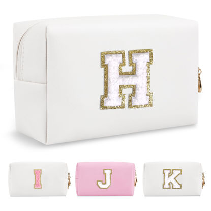 Picture of Small Personalized Initial A-Z Preppy Patch Makeup Bag,White PU Chenille Letter Travel Cosmetic Pouch with Zipper,Cute Toiletry Bag,Gift Ideal for Teen Girls Women Teacher Bridesmaid,Letter H
