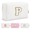 Picture of Small Personalized Initial A-Z Preppy Patch Makeup Bag,White PU Chenille Letter Travel Cosmetic Pouch with Zipper,Cute Toiletry Bag,Gift Ideal for Teen Girls Women Teacher Bridesmaid,Letter P