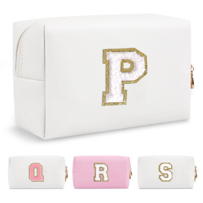 Picture of Small Personalized Initial A-Z Preppy Patch Makeup Bag,White PU Chenille Letter Travel Cosmetic Pouch with Zipper,Cute Toiletry Bag,Gift Ideal for Teen Girls Women Teacher Bridesmaid,Letter P