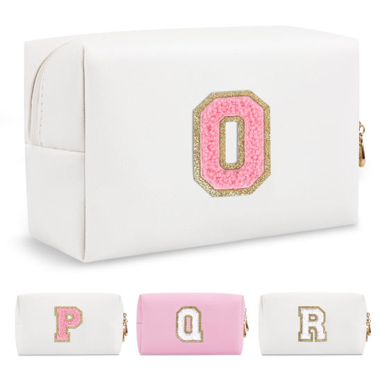 Picture of Personalized Makeup Bag Initial A-Z Preppy Patch Bag,Small PU Leather Travel Cosmetic Bag Pouch with Zipper,White Cute Toiletry Bag,Gift Ideal for Teen Girls Women Birthday Friend Mom,Letter O