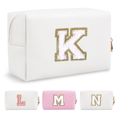 Picture of Small Personalized Initial A-Z Preppy Patch Makeup Bag,White PU Chenille Letter Travel Cosmetic Pouch with Zipper,Cute Toiletry Bag,Gift Ideal for Teen Girls Women Teacher Bridesmaid,Letter K