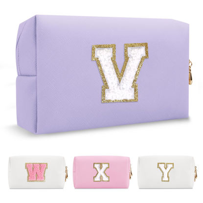 Picture of Personalized Makeup Bag Initial A-Z Preppy Patch Bag,Small PU Leather Travel Cosmetic Bag Pouch with Zipper,Purple Cute Toiletry Bag,Gift Ideal for Teen Girls Women Birthday Friend Mom,Latter V