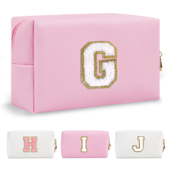 Picture of Personalized Initial A-Z Preppy Patch Makeup Bag,Small PU Chenille Letter Cosmetic Bag with Zipper for Teen Girls,Pink Cute Toiletry Organizer Bag,Monogram Makeup Case Gift for Women Girls,Letter G
