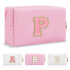 Picture of Personalized Initial A-Z Preppy Patch Makeup Bag,Small PU Leather Chenille Letter Cosmetic Bag with Zipper for Teen Girls,Pink Cute Travel Toiletry Bag,Birthday Monogrammed Gift for Daughter,Letter P