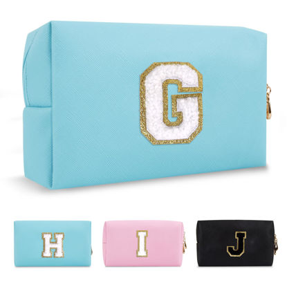 Picture of Small Personalized Initial A-Z Preppy Patch Makeup Bag,PU Chenille Letter Travel Cosmetic Pouch with Zipper,Blue Cute Toiletry Bag,Gift Ideal for Teen Girls Women Teacher Bridesmaid,Letter G