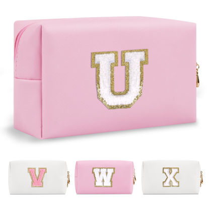 Picture of Personalized Initial A-Z Preppy Patch Makeup Bag,Small PU Chenille Letter Cosmetic Bag with Zipper for Teen Girls,Pink Cute Toiletry Organizer Bag,Monogram Makeup Case Gift for Women Girls,Letter U