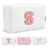 Picture of Personalized Makeup Bag Initial A-Z Preppy Patch Bag,Small PU Leather Travel Cosmetic Bag Pouch with Zipper,White Cute Toiletry Bag,Gift Ideal for Teen Girls Women Birthday Friend Mom,Letter S