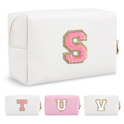 Picture of Personalized Makeup Bag Initial A-Z Preppy Patch Bag,Small PU Leather Travel Cosmetic Bag Pouch with Zipper,White Cute Toiletry Bag,Gift Ideal for Teen Girls Women Birthday Friend Mom,Letter S