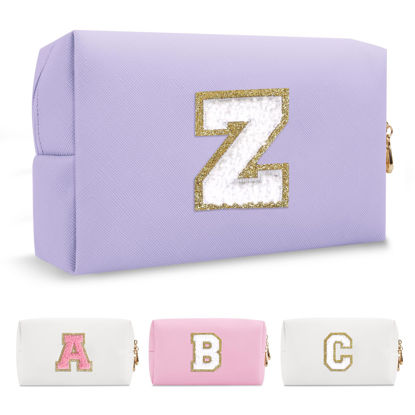 Picture of Personalized Makeup Bag Initial A-Z Preppy Patch Bag,Small PU Leather Travel Cosmetic Bag Pouch with Zipper,Purple Cute Toiletry Bag,Gift Ideal for Teen Girls Women Birthday Friend Mom,Latter Z