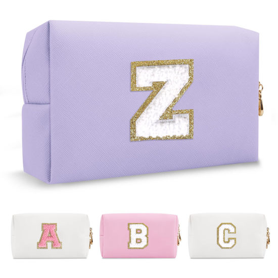 Picture of Personalized Makeup Bag Initial A-Z Preppy Patch Bag,Small PU Leather Travel Cosmetic Bag Pouch with Zipper,Purple Cute Toiletry Bag,Gift Ideal for Teen Girls Women Birthday Friend Mom,Latter Z