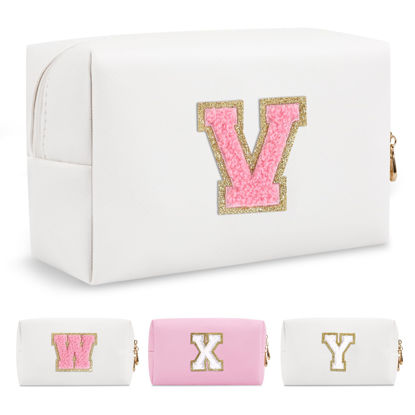 Picture of Personalized Makeup Bag Initial A-Z Preppy Patch Bag,Small PU Leather Travel Cosmetic Bag Pouch with Zipper,White Cute Toiletry Bag,Gift Ideal for Teen Girls Women Birthday Friend Mom,Letter V