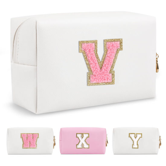 Picture of Personalized Makeup Bag Initial A-Z Preppy Patch Bag,Small PU Leather Travel Cosmetic Bag Pouch with Zipper,White Cute Toiletry Bag,Gift Ideal for Teen Girls Women Birthday Friend Mom,Letter V