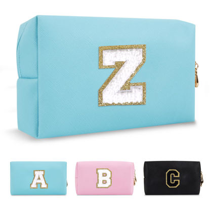 Picture of Small Personalized Initial A-Z Preppy Patch Makeup Bag,PU Chenille Letter Travel Cosmetic Pouch with Zipper,Blue Cute Toiletry Bag,Gift Ideal for Teen Girls Women Teacher Bridesmaid,Letter Z