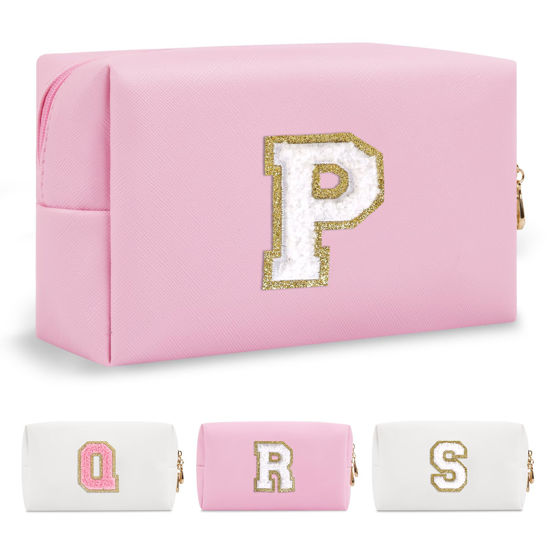 Picture of Personalized Initial A-Z Preppy Patch Makeup Bag,Small PU Chenille Letter Cosmetic Bag with Zipper for Teen Girls,Pink Cute Toiletry Organizer Bag,Monogram Makeup Case Gift for Women Girls,Letter P