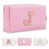 Picture of Personalized Initial A-Z Preppy Patch Makeup Bag,Small PU Leather Chenille Letter Cosmetic Bag with Zipper for Teen Girls,Pink Cute Travel Toiletry Bag,Birthday Monogrammed Gift for Daughter,Letter J