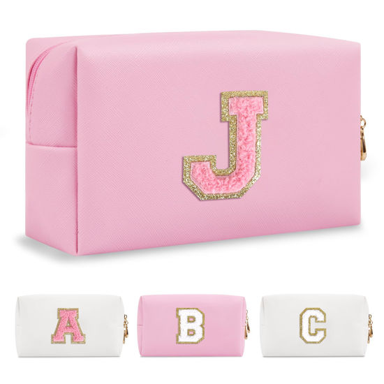 Picture of Personalized Initial A-Z Preppy Patch Makeup Bag,Small PU Leather Chenille Letter Cosmetic Bag with Zipper for Teen Girls,Pink Cute Travel Toiletry Bag,Birthday Monogrammed Gift for Daughter,Letter J