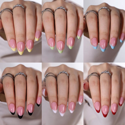 Picture of 6 Packs (144 Pcs) Press on Nails Almond, French Tip Press on Nails Medium, Almond Press on Nails, Medium Fake Nails, Glue on Nails, Gel False Nails for Women, Stick on Nails 12 Sizes-6 styles