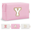 Picture of Personalized Initial A-Z Preppy Patch Makeup Bag,Small PU Chenille Letter Cosmetic Bag with Zipper for Teen Girls,Pink Cute Toiletry Organizer Bag,Monogram Makeup Case Gift for Women Girls,Letter Y