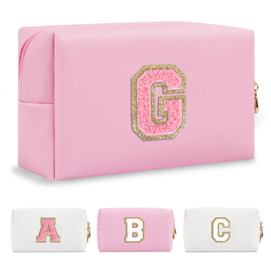 Picture of Personalized Initial A-Z Preppy Patch Makeup Bag,Small PU Leather Chenille Letter Cosmetic Bag with Zipper for Teen Girls,Pink Cute Travel Toiletry Bag,Birthday Monogrammed Gift for Daughter,Letter G