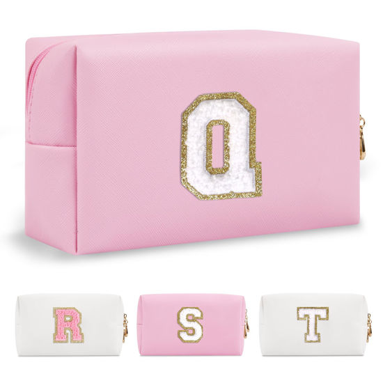 Picture of Personalized Initial A-Z Preppy Patch Makeup Bag,Small PU Chenille Letter Cosmetic Bag with Zipper for Teen Girls,Pink Cute Toiletry Organizer Bag,Monogram Makeup Case Gift for Women Girls,Letter Q