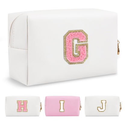 Picture of Personalized Makeup Bag Initial A-Z Preppy Patch Bag,Small PU Leather Travel Cosmetic Bag Pouch with Zipper,White Cute Toiletry Bag,Gift Ideal for Teen Girls Women Birthday Friend Mom,Letter G