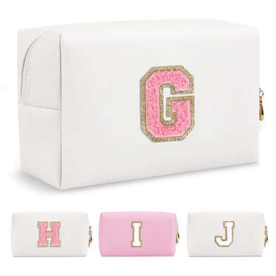 Picture of Personalized Makeup Bag Initial A-Z Preppy Patch Bag,Small PU Leather Travel Cosmetic Bag Pouch with Zipper,White Cute Toiletry Bag,Gift Ideal for Teen Girls Women Birthday Friend Mom,Letter G
