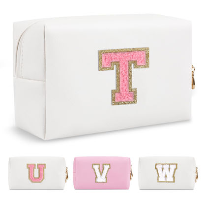 Picture of Personalized Makeup Bag Initial A-Z Preppy Patch Bag,Small PU Leather Travel Cosmetic Bag Pouch with Zipper,White Cute Toiletry Bag,Gift Ideal for Teen Girls Women Birthday Friend Mom,Letter T