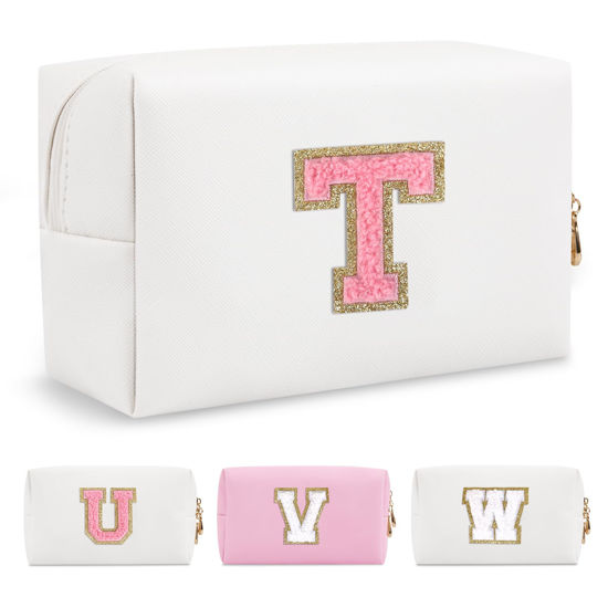 Picture of Personalized Makeup Bag Initial A-Z Preppy Patch Bag,Small PU Leather Travel Cosmetic Bag Pouch with Zipper,White Cute Toiletry Bag,Gift Ideal for Teen Girls Women Birthday Friend Mom,Letter T