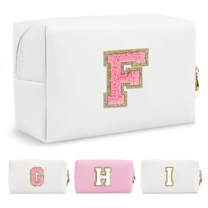 Picture of Personalized Makeup Bag Initial A-Z Preppy Patch Bag,Small PU Leather Travel Cosmetic Bag Pouch with Zipper,White Cute Toiletry Bag,Gift Ideal for Teen Girls Women Birthday Friend Mom,Letter F