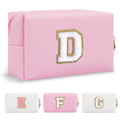 Picture of Personalized Initial A-Z Preppy Patch Makeup Bag,Small PU Chenille Letter Cosmetic Bag with Zipper for Teen Girls,Pink Cute Toiletry Organizer Bag,Monogram Makeup Case Gift for Women Girls,Letter D