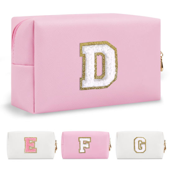 Picture of Personalized Initial A-Z Preppy Patch Makeup Bag,Small PU Chenille Letter Cosmetic Bag with Zipper for Teen Girls,Pink Cute Toiletry Organizer Bag,Monogram Makeup Case Gift for Women Girls,Letter D