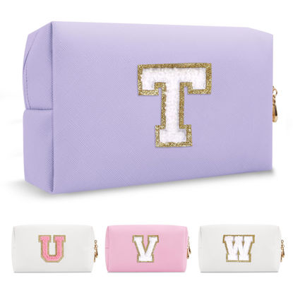 Picture of Personalized Makeup Bag Initial A-Z Preppy Patch Bag,Small PU Leather Travel Cosmetic Bag Pouch with Zipper,Purple Cute Toiletry Bag,Gift Ideal for Teen Girls Women Birthday Friend Mom,Latter T