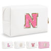 Picture of Small Personalized Initial A-Z Patch Makeup Bag,White Cute PU Leather Glitter Letter Cosmetic Bag for Teen Girls,Travel Toiletry Bag with Zipper,Preppy Monogrammed Birthday Gift for Daughter Niece N
