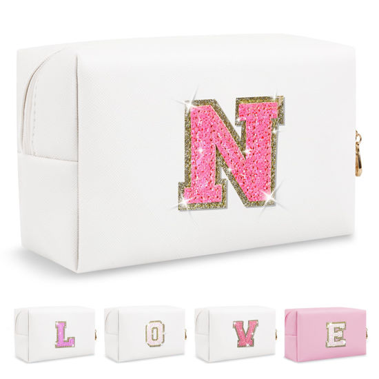 Picture of Small Personalized Initial A-Z Patch Makeup Bag,White Cute PU Leather Glitter Letter Cosmetic Bag for Teen Girls,Travel Toiletry Bag with Zipper,Preppy Monogrammed Birthday Gift for Daughter Niece N