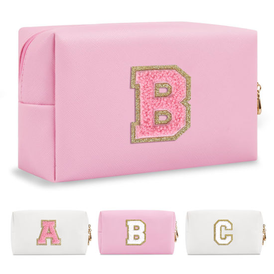 Picture of Personalized Initial A-Z Preppy Patch Makeup Bag,Small PU Leather Chenille Letter Cosmetic Bag with Zipper for Teen Girls,Pink Cute Travel Toiletry Bag,Birthday Monogrammed Gift for Daughter,Letter B