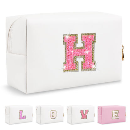 Picture of Small Personalized Initial A-Z Patch Makeup Bag,White Cute PU Leather Glitter Letter Cosmetic Bag for Teen Girls,Travel Toiletry Bag with Zipper,Preppy Monogrammed Birthday Gift for Daughter Niece H