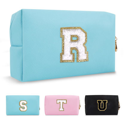 Picture of Small Personalized Initial A-Z Preppy Patch Makeup Bag,PU Chenille Letter Travel Cosmetic Pouch with Zipper,Blue Cute Toiletry Bag,Gift Ideal for Teen Girls Women Teacher Bridesmaid,Letter R